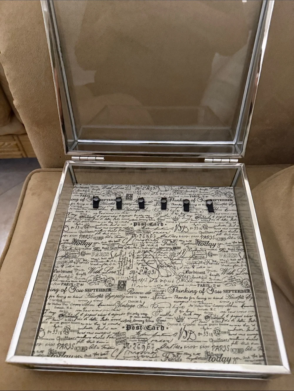 Silver Framed Glass Shadow Box with Script Backing Vintage